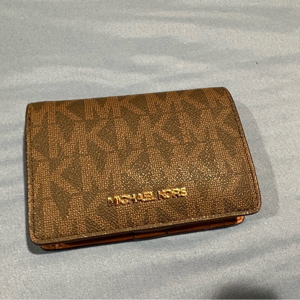 Michael Kors Brown Monogram Compact Wallet with Gold Logo